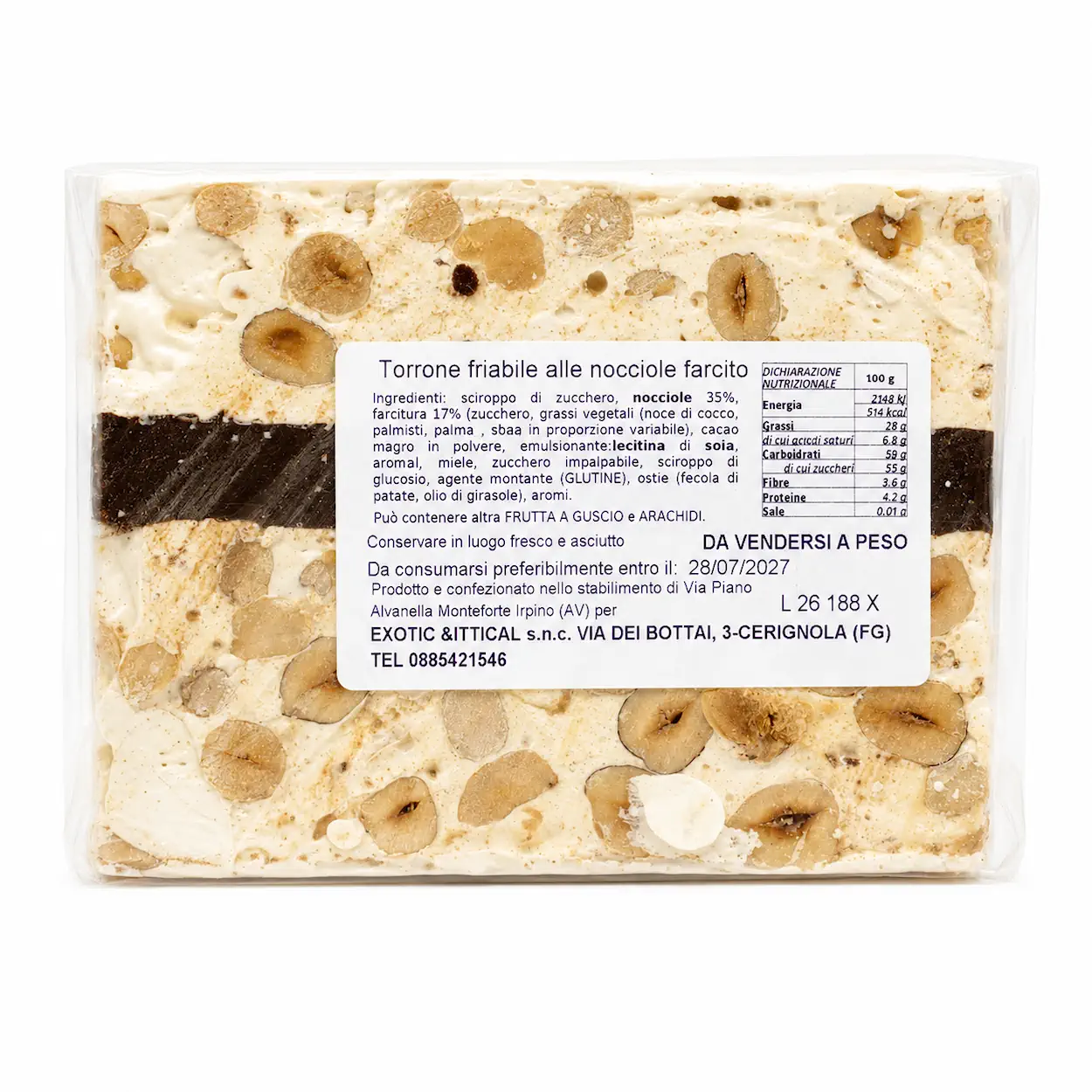 Torrone artigianale alle nocciole-friabile al cioccolato etichetta